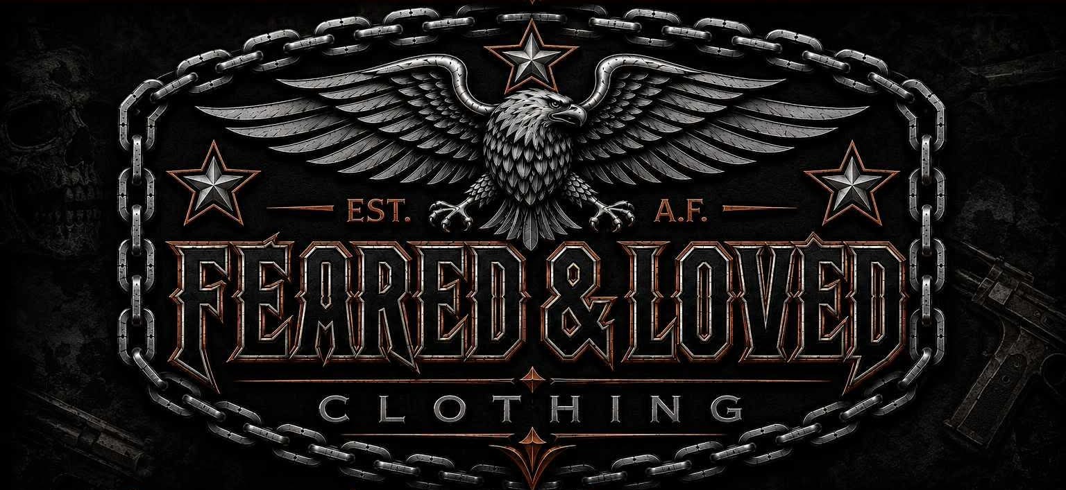 Feared & Loved Clothing — chrome eagle crest with chains and stars, Est. A.F.